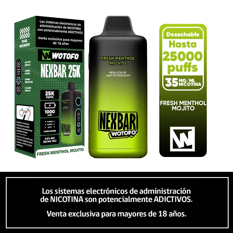Vaporizador 25k Puffs Fresh Menthol Mojito Nexbar Wotofo 