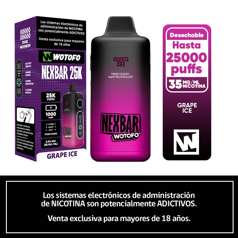 Vaporizador 25k Puffs Grape Ice Nexbar Wotofo 